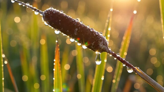 Close-up of a cattail plant with water droplets in the morning sun.