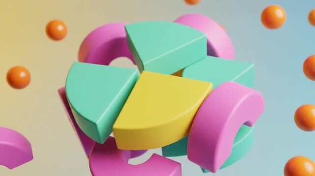 Colorful 3D geometric abstract shapes resembling pie chart segments and spheres, floating on an isolated light blue background, representing data visualization or puzzle concepts.