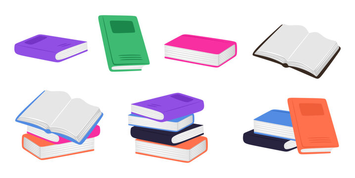 Set of paper books, notebooks, diaries. Collection of literature for reading, notepads, note pads, planners. Hand drawn pile of textbooks for education on white background. Flat vector illustration