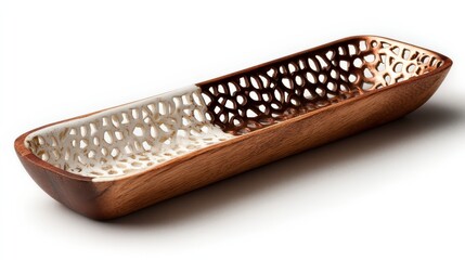 A beautifully crafted wooden serving dish featuring a unique cut-out design, blending natural wood tones with a smooth finish.