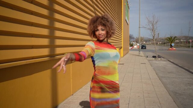 A Vibrant and Stylish Fashion Shoot Captured on an Urban Street Setting Amidst Colorful Scenes