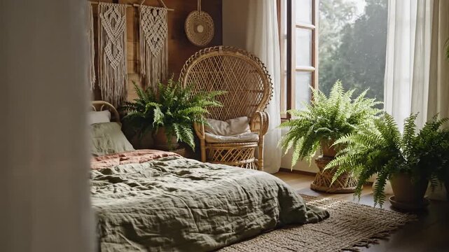 A cozy bedroom featuring a neatly made bed with earthy-toned linens, surrounded by soft sunlight filtering through sheer curtains, creating a serene and inviting atmosphere