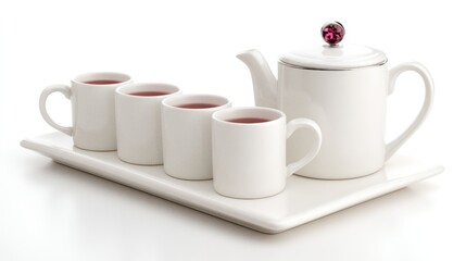Fototapeta premium A white tea set with a teapot and four matching cups on a rectangular tray, showcasing a simple, elegant design.
