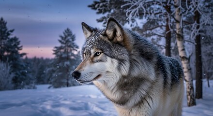 Obraz premium Majestic Gray Wolf in Snowy Winter Forest Wildlife Portrait at Sunset.