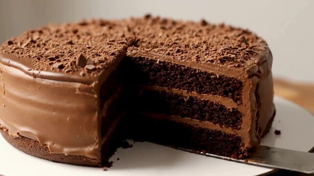 Indulgent chocolate layer cake with rich, creamy frosting and chocolate shavings, a tempting slice carefully removed, perfect for celebrating any special occasion or satisfying sweet cravings