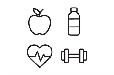 Fototapeta premium Simple black and white line icons depicting an apple bottle heart and dumbbell