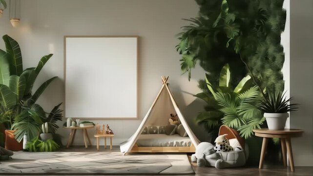 A sunlit playroom featuring a teepee tent, abundant potted plants, and plush toys, with a large blank framed poster for custom imagery or text.