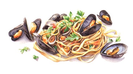Linguine Mussels Watercolor Illustration Delicious Italian Pasta Dinner Warm Appetizing Food Art