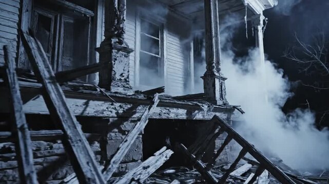 A hauntingly abandoned house with crumbling wooden structures, surrounded by mist and eerie lighting, evoking a sense of mystery and decay in a forgotten neighborhood