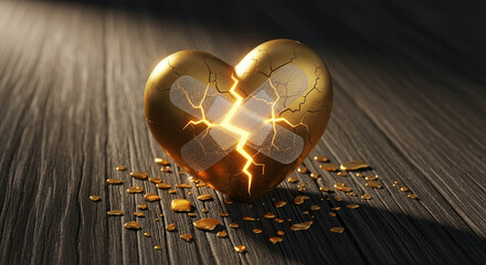 Golden heart with cracks covered by adhesive bandage, on a wooden surface. Concept of healing, recovery, and resilience, suitable for Valentine's Day.