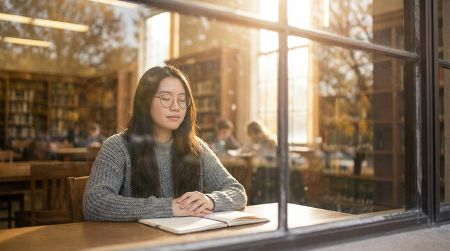A woman practicing meditation with contentment by the window in a warm autumn library setting.