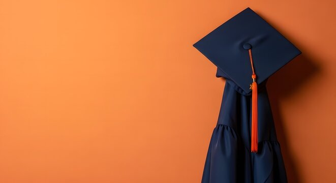 Graduation cap and gown on orange background