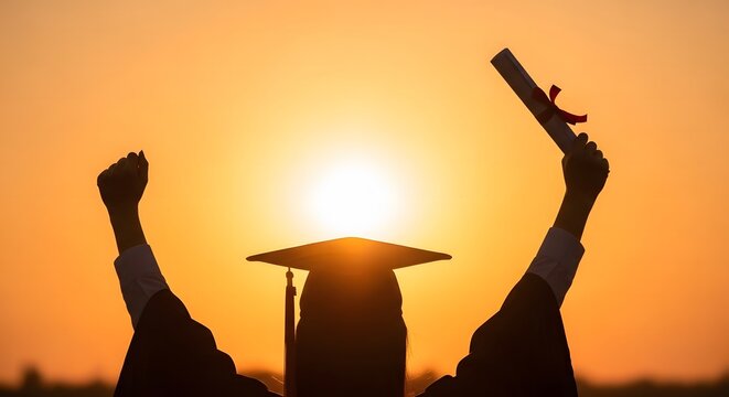 Graduation ceremony at sunset with cap and raised hands