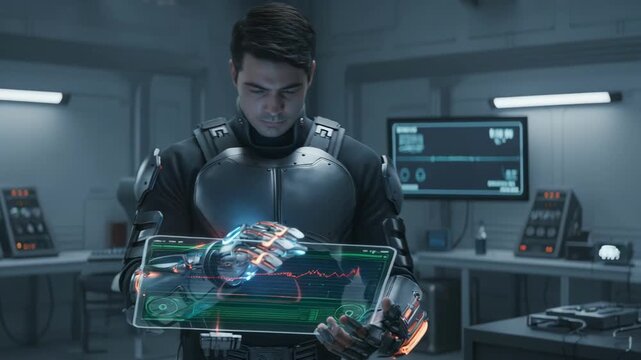 Technician adjusts electromagnetic gauntlets while monitoring safety data on a portable device in a medium shot setting.