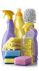 Assortment of vibrant household cleaning supplies and essential tools for effective sanitization and domestic maintenance, prominently isolated on a clean white background