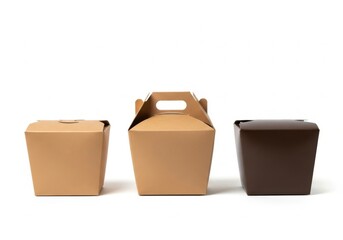 Three takeout boxes in different colors