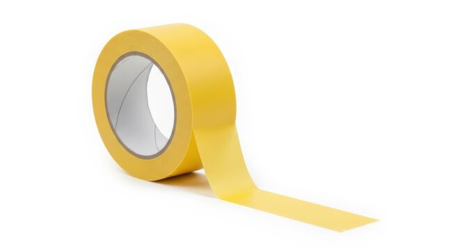 Roll of yellow masking tape with end unwound and lying flat on a white background