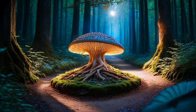 enchanted forest path illuminated by a glowing luminescent fungus with intricate root system