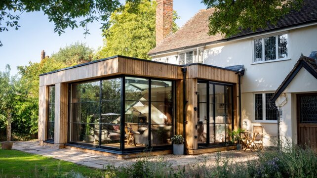 Modern timber frame extension on a traditional house showcasing design and connection with the garden