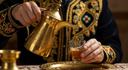 Close-up of traditional ornate dallah pouring Arabic coffee into glass cup, ideal for Middle Eastern culture, hospitality, and heritage promotions