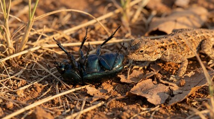 Desert Reptile Preys on Blue Beetle: Wild Predation Scene
