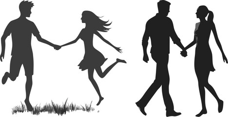 Obraz premium A vector graphic illustration of silhouetted couples holding hands and walking or running together in a minimalist flat design style