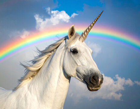 Wei&szlig;es Einhorn unter einem Regenbogen