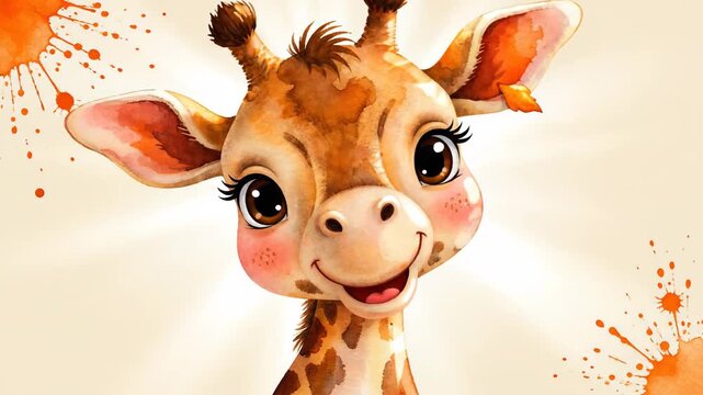 Adorable watercolor baby giraffe smiling peacefully with closed eyes and orange paint splashes on a bright background, perfect for nursery decor, children's books, or greeting cards.