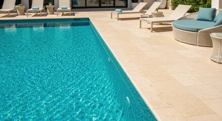 Fototapeta premium Luxury swimming pool and lounge area in a tropical villa, perfect for vacations and relaxation