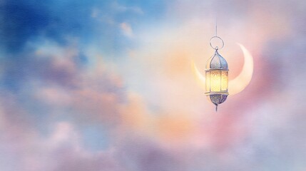 Obraz premium Serene Eid Mubarak lantern glows beneath a crescent moon pastel evening sky illustration