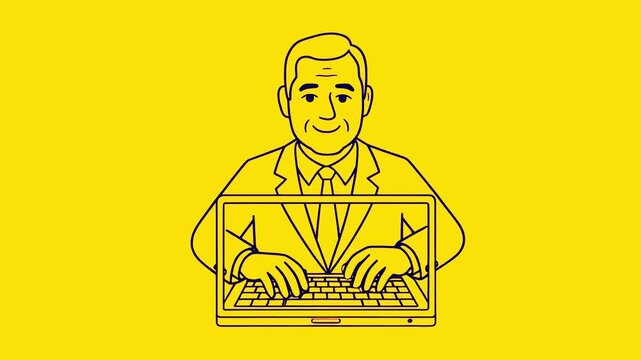 Typing on Laptop Man Working Online Remote Consultant or Executive Using Computer Monochrome Drawing Animation