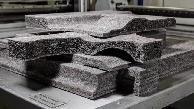 Industrial setting medium shot of mixed fiber felt layers stacked and shaped emphasizing versatility and strength in machinery protection.