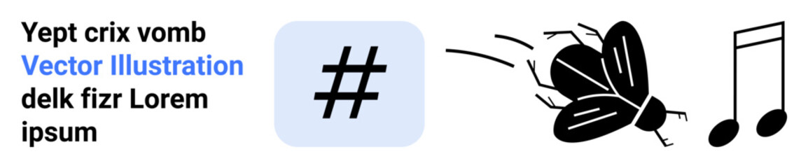 Obraz premium metadata tag symbol, animated buzzing fly near musical notes symbolizing creativity, social media, and innovation. Ideal for fun visual designs, tech, music, social trends, nature branding simple