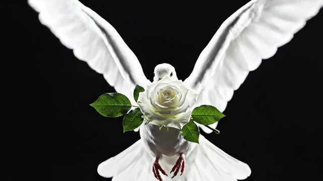 Majestic Symbol of Hope. Pure white dove flying directly toward the camera, carrying a delicate white rose, perfect for themes of peace, spirituality, and memorial services.