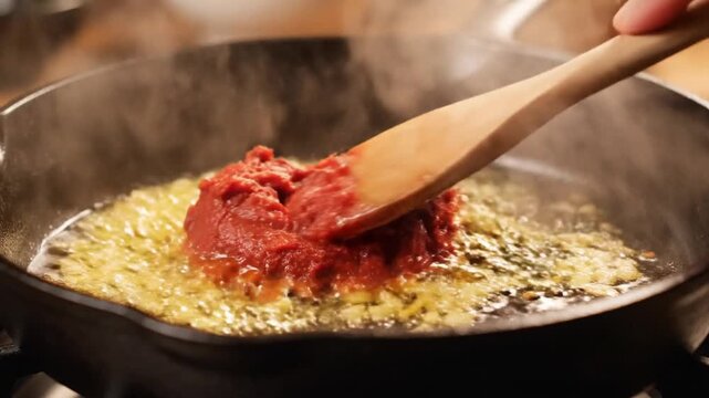 A close-up shot of a wooden spoon lifting a generous scoop of tomato paste above a sizzling skillet with saut?ed garlic, set in a warm kitchen, perfect for culinary blogs or cooking tutorials