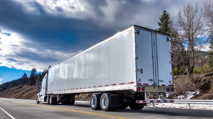 White Semi-Truck Trailer on Highway Delivering Goods Across Countryside, Heavy Transport Hauling Cargo, Supply Chain