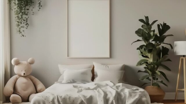 A warm and inviting bedroom scene filled with soft textures, natural light, and plush elements. Features a large teddy bear, a neatly made bed with white patterned bedding, and lush hanging plants.