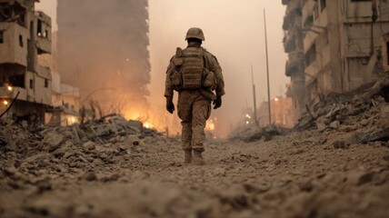 Naklejka premium Lone Soldier Walking Through War-Torn City: A Powerful Image of Resilience and Conflict