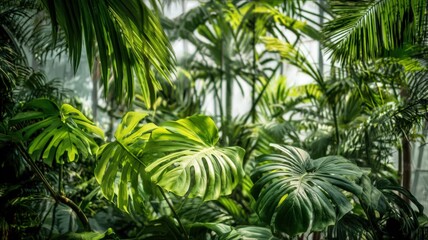 Obraz premium Lush Tropical Foliage: Close-Up of Monstera Leaves in a Green Environment, Perfect for Backgrounds and Nature Themes