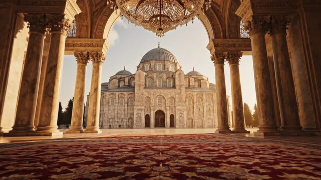 Grand Palace Interior Cinematic Walkthrough with Ornate Chandelier and Persian Carpet