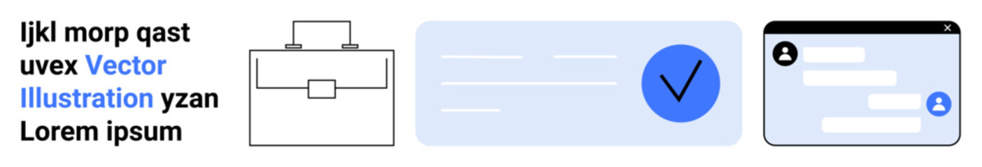 Obraz premium Professional communication, task management, approval workflows, modern business tools, productivity systems, graphic design elements. Business briefcase, checkmark chat interface. Professional