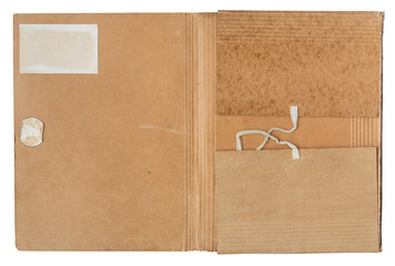 Open vintage brown cardboard folder with paper pockets and string tie closure, top view isolated on...