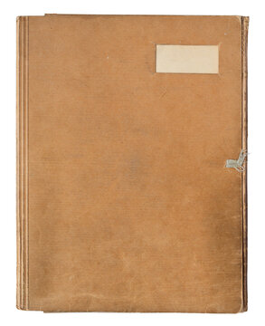 Vintage brown closed paper  folder with blank label, top view isolated