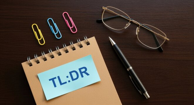 Office Desk Still Life with TLDR Note, Pen, Glasses, and Paper Clips on a Wooden Surface