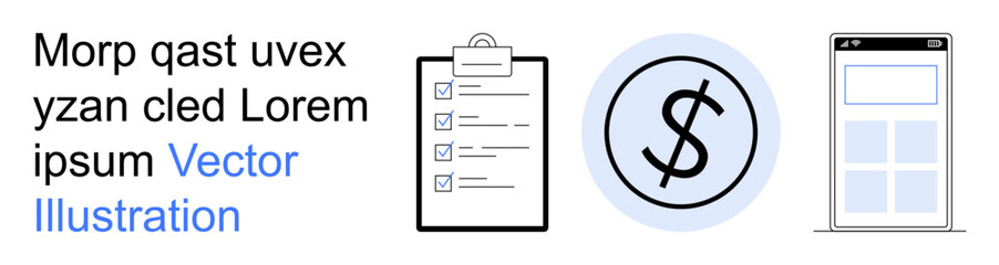 Obraz premium Finance, task planning, mobile design, budget management, app development, productivity. Icons of a checklist, dollar sign within a circle and a mobile interface. Finance and task planning concepts