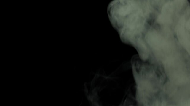 Swirling white smoke expands to fill the black frame. Hypnotic, smooth motion ideal for dramatic or mysterious scenes.
