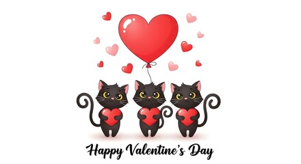 Fototapeta premium Happy valentine's day with three adorable black cats and red heart balloon