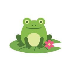 Obraz premium Cute frog vector clipart on lily pad with flower, cartoon animal illustration for kids