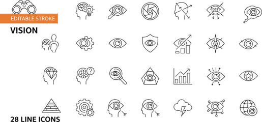 Editable stroke vision line icons set, eye perception, insight, focus, creativity, strategy, analysis, thinking, innovation, observation, future planning vector symbols
