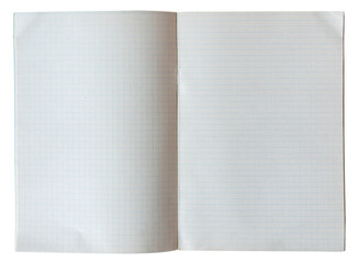 Open squared notebook with blank grid math exercise paper spread isolated on white background